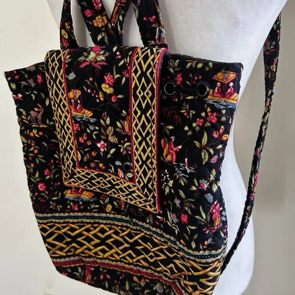 Vera Bradley Black Floral Cotton Backpack Medium Drawstring School Travel